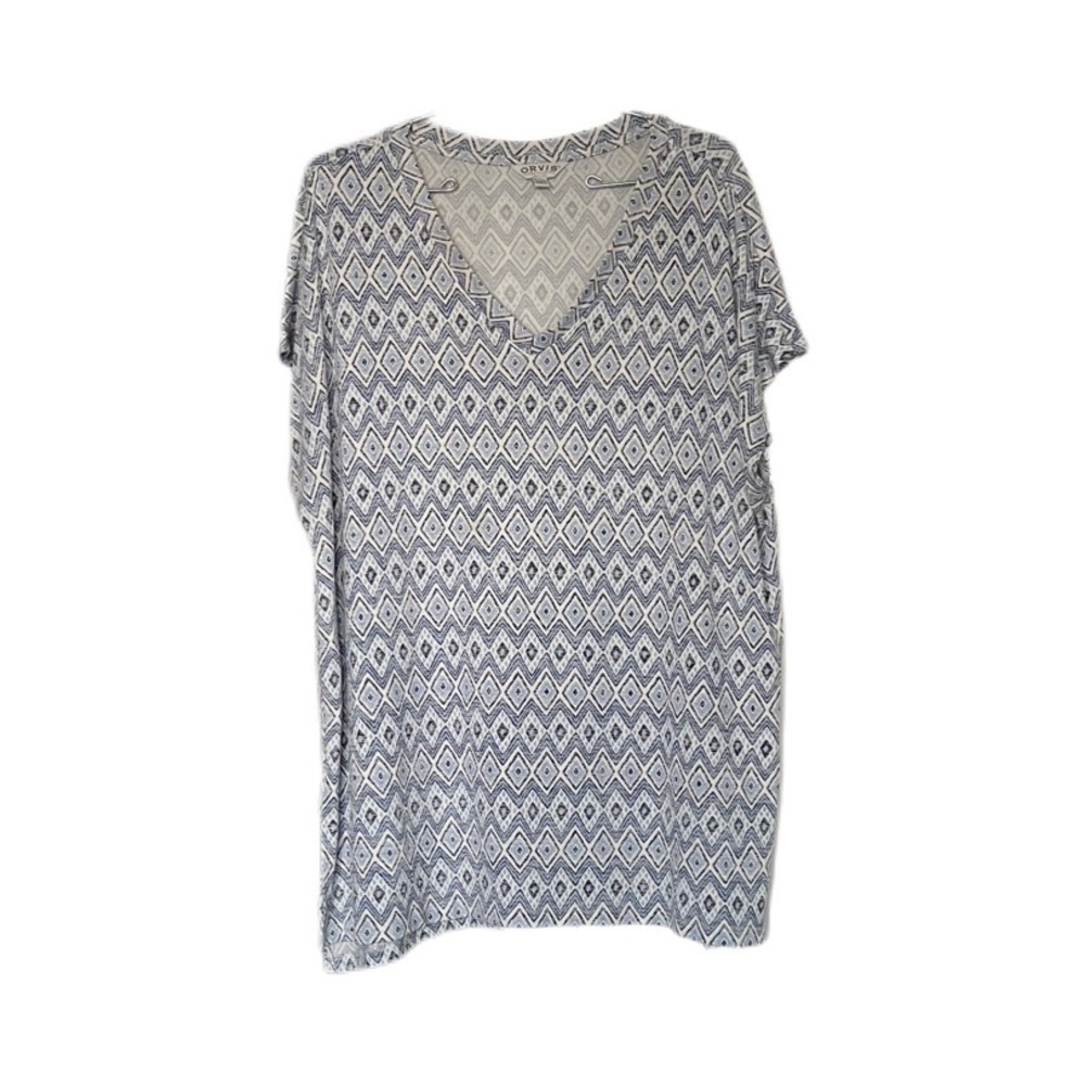 Orvis Blue Diamond Print V Neck Short Sleeve Tunic Top Women’s XXL
